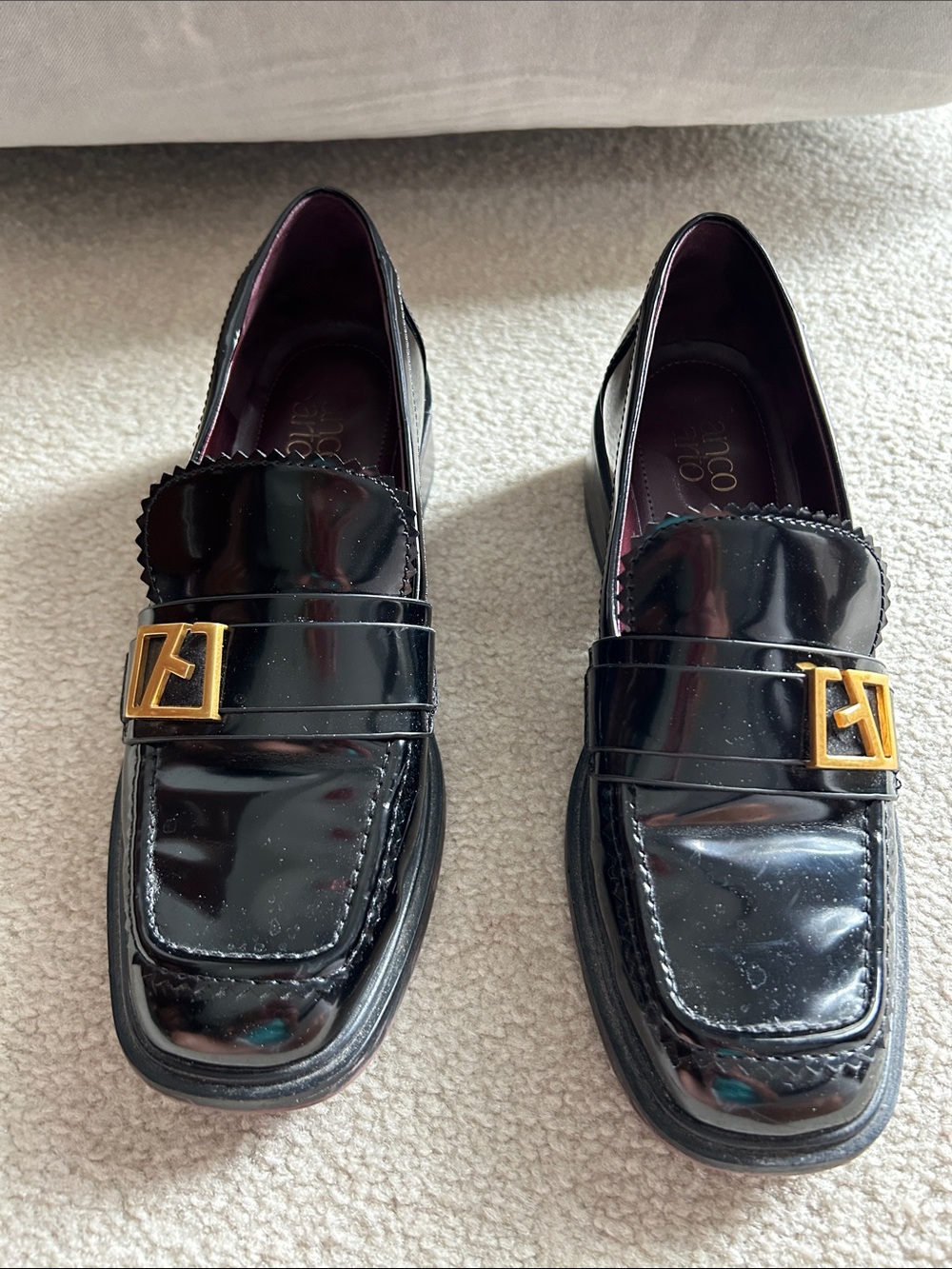 Franco Sarto Black Patent Loafers with Gold Buckle